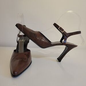 TSE Women Brown Patent Snake Skin Pointed Toe Ankle Buckle Heeled Pumps Sz 36.5